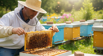 Beekeeper inspects frame with honeycombs in apiary. Beekeeping, honey production