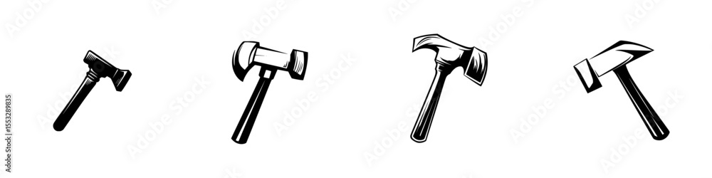 Poster black icon set featuring various types of hammers and axes designed for construction and carpentry u