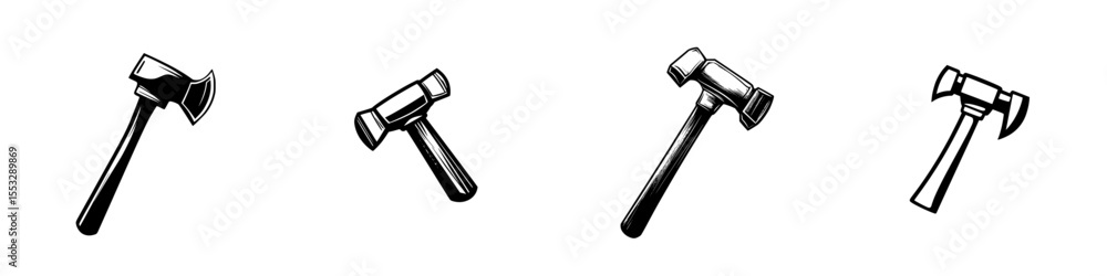 Poster various black icons of handheld tools including an axe and a hammer for design applications or illus