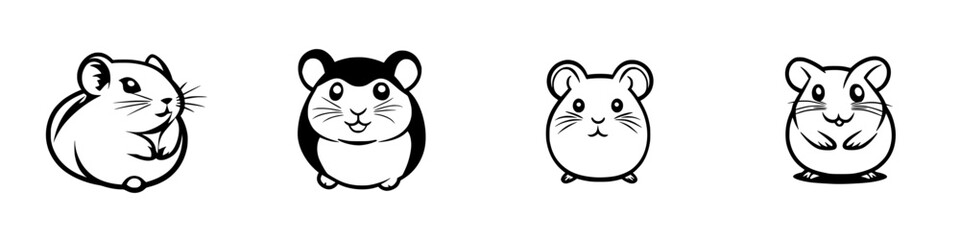 Naklejka premium Four cute black icons of cartoon hamsters in varying poses and styles showcasing playful and adorable features