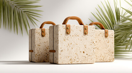 3 beige terrazzo stone airport style boxes with leather handle, minimalistic background