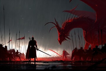 Un guerrero solitario se enfrenta a un ejército liderado por una bestia alada en un campo de batalla infernal.