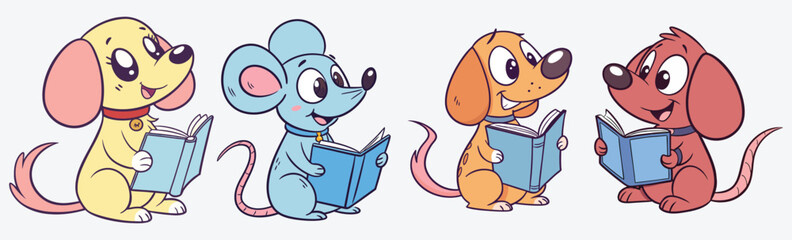 A cute colorful dog reading books, Adorable colorful funny cartoon animal reading book vector.