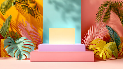 3D render of a colorful podium with a blank card in the center, set against a background of pink and orange pastel colors1