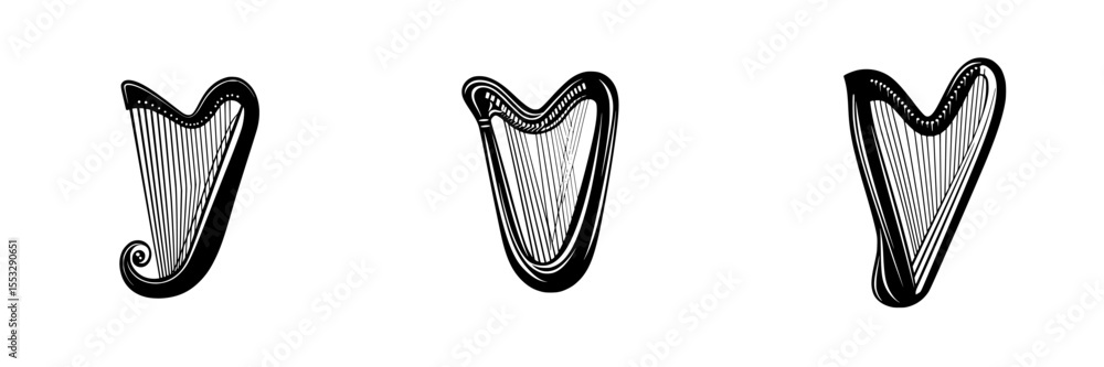 Poster unique set of black harp icons showcasing intricate line designs and elegant shapes suitable for var