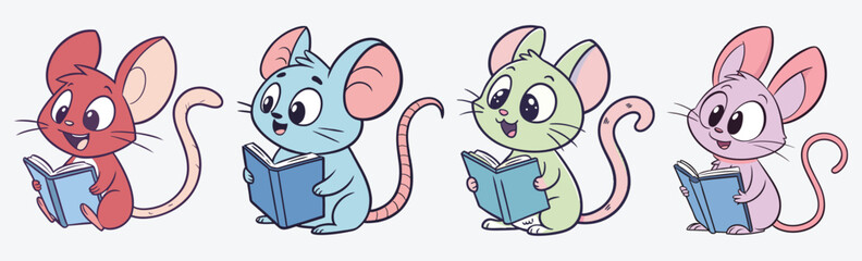 Colorful cartoon mice reading books vector.