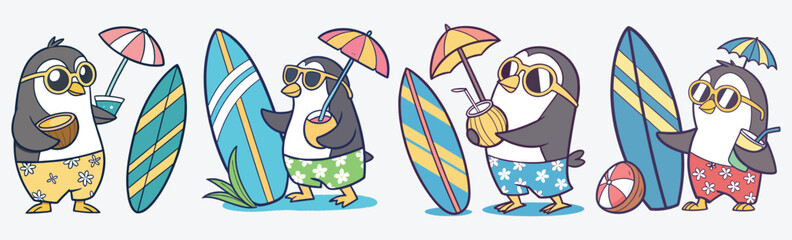 Funny beach penguins in summer outfits with surfboards, sunglasses, and tropical drinks vector.