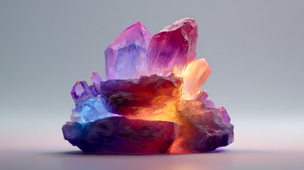 3D render of a colorful, glowing rock and crystal stack on a white background