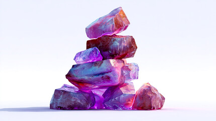 3D render of a colorful, glowing rock and crystal stack on a white background