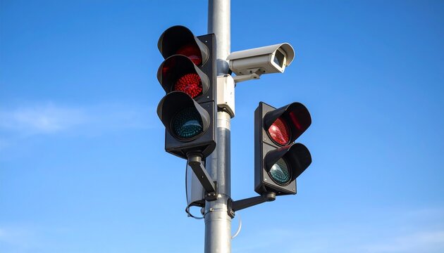 Low-angle photo of a red traffic light with CCTV camera mounted above, set against a clear blue sky. Ideal for urban safety, surveillance, smart city, or transportation visuals