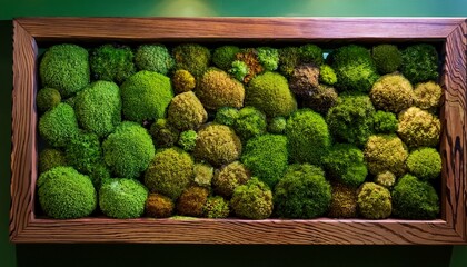 stabilized multicolored icelandic moss in the interior panel of green moss on the wall wall decoration with moss green moss texture in wooden frame backdround copy space