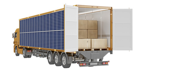 Back view of orange hybrid truck isolated on transparent background. Electric truck integrated with a solar batteries charging system. Truck eco concept. 3D illustration.