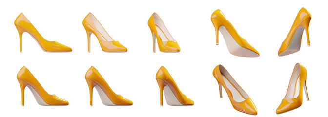 Elegant yellow classic women’s scarpin shoe. Set of views. Isolated on a transparent background. 3D illustration.