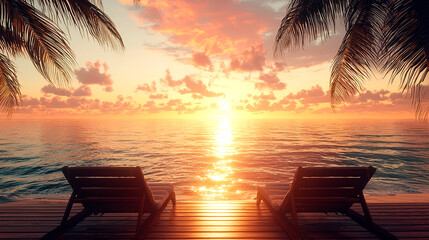 Sunset reflecting on the clear water of an elegant resort in the Maldives, with palm trees and lounge chairs 