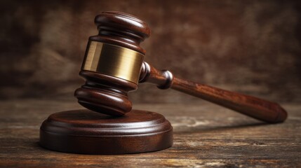 Wooden gavel with brass details placed on a surface depicting justice symbol