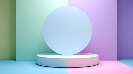 3D render of a simple white and pastel blue round empty vertical display stand mockup