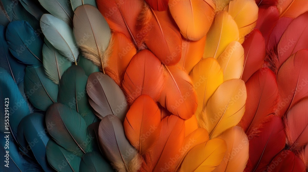 Poster a stunning array of feathers in vibrant gradient colors, beautifully arranged to create a colorful a