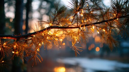 Close-up of illuminated pine branch with glowing lights during sunset