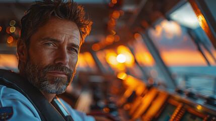 A handsome, rugged ship captain with a beard and disheveled hair looks intensely at the camera from the vessel's bridge. A vibrant sunset through the windows illuminates his face with golden light