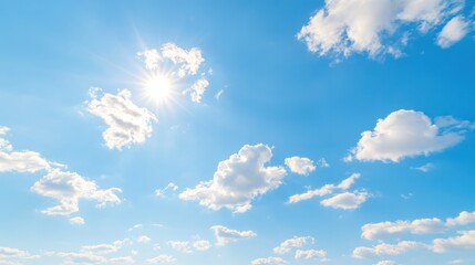 A bright and clear blue sky filled with fluffy white clouds, perfect for conveying tranquility and serenity in your projects.