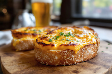 A close-up shot of freshly prepared Welsh Rarebit on toasted sourdough bread with a pint of ale in the background.