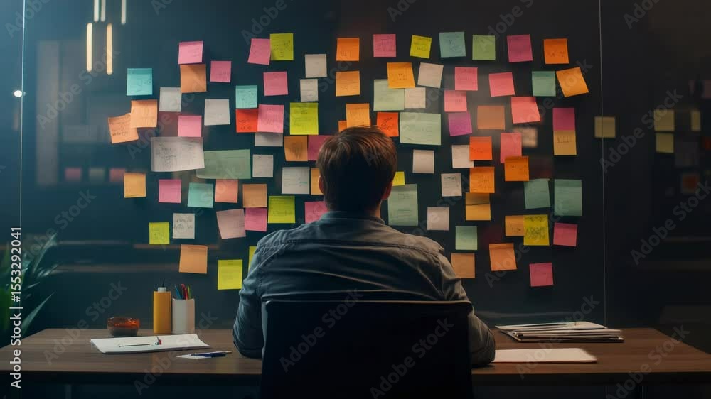 Poster project manager sitting at desk and planning strategy using colorful sticky notes on a glass wall in