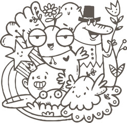 A fun and whimsical black and white doodle artwork showing a group of cute cartoon characters, including a smiling star, a frog, a flower, and other imaginative creatures, 