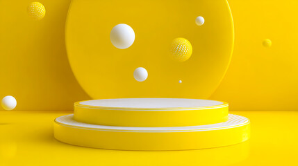 3D render of yellow and white spheres on a podium platform floating in the air against a yellow background