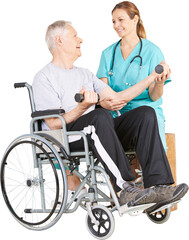 Fototapeta premium Senior man in wheelchair lifting dumbbells
