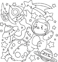 A fun and whimsical black and white doodle artwork showing a group of cute cartoon characters, including a smiling star, a frog, a flower, and other imaginative creatures,