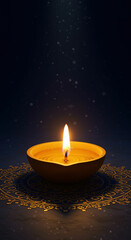 A lit diya on a decorative surface with a dark background and floating particles in the air