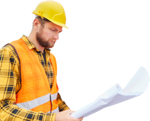 Construction worker during construction planning with floor plan