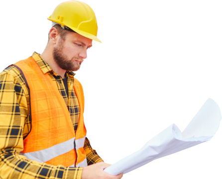 Construction worker during construction planning with floor plan