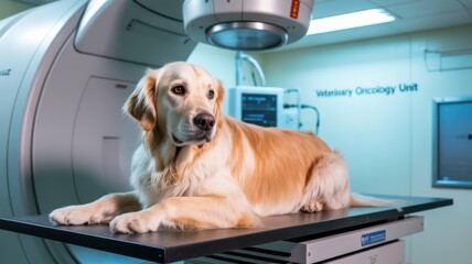 Golden retriever in veterinary oncology unit receiving treatment