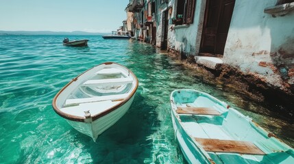 Obraz premium A serene view of colorful boats resting in crystal clear waters along a picturesque shoreline, reflecting the beauty of nature and inviting exploration.