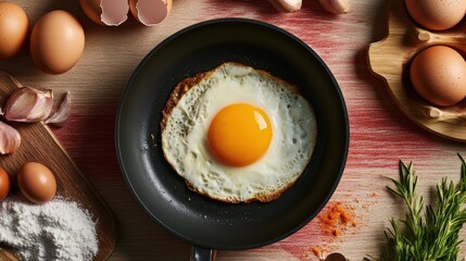 A deliciously cooked fried egg sits center stage in a frying pan, surrounded by fresh ingredients like garlic and herbs, creating a delightful culinary scene perfect for food lovers.