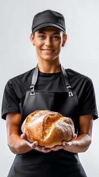 Una panadera sonr&iacute;e orgullosa sosteniendo un pan r&uacute;stico reci&eacute;n horneado.