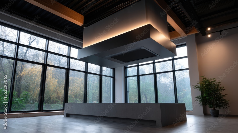 Poster modern indoor space featuring unique architectural elements and large windows