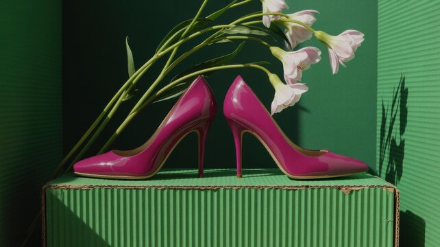 Stylish pink high heels with lilies on green box display - Powered by Adobe