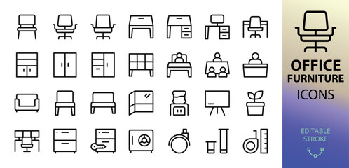 Office furniture icons set. Set of office chair, desk, cabinet, meeting room, reception, partition, drawer, presentation board, executive office, water cooler, control room furniture vector icon
