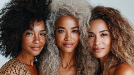 Fototapeta premium A captivating trio of women with diverse curly hairstyles radiates beauty and harmony, celebrating individuality and connection through expressions of style and confidence.