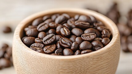 Fototapeta premium A close-up view of freshly roasted coffee beans in a wooden bowl, highlighting their rich texture and deep brown color.