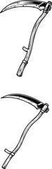 Create a kinds of deferent Black and white illustration of a traditional scythe with a wooden handle and curved blade. vector art with white background .