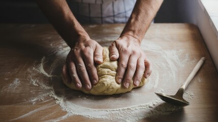 Fototapeta premium Caucasian male kneading dough on floured wooden surface