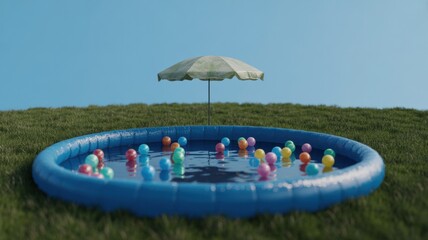Colorful inflatable pool with umbrella and floating balls on grass field