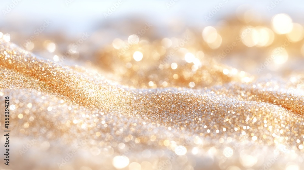 Poster a close-up view of shimmering golden sand, highlighting its unique texture and sparkling particles u