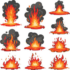 Create a kinds of deferent fire, flame, hot,  heat, burn, burning, illustration, icon, bonfire, symbol, design, orange, vector art with white background.