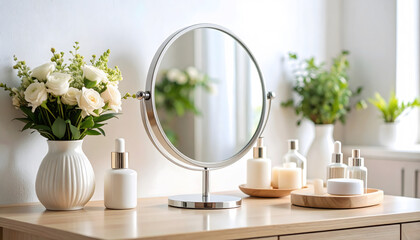 Well-Lit Bathroom Vanity with Round Mirror, Cosmetics, and Personal Decor