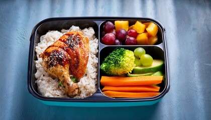 colorful and nutritious lunchbox featuring fruits vegetables grilled chicken and rice