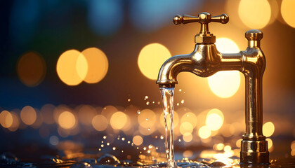 Darkened Faucet Actively Spraying Water with Bokeh Lights